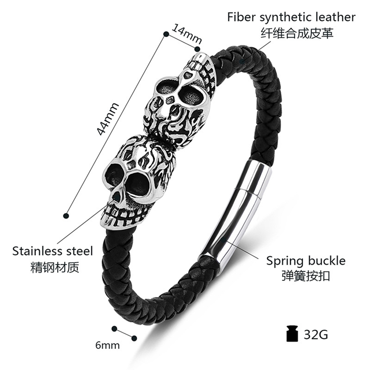 Men's Braided Leather Bracelet Silver Skull Stainless Steel Clasp Wristband Cuff Rope Bangle for Men Gifts