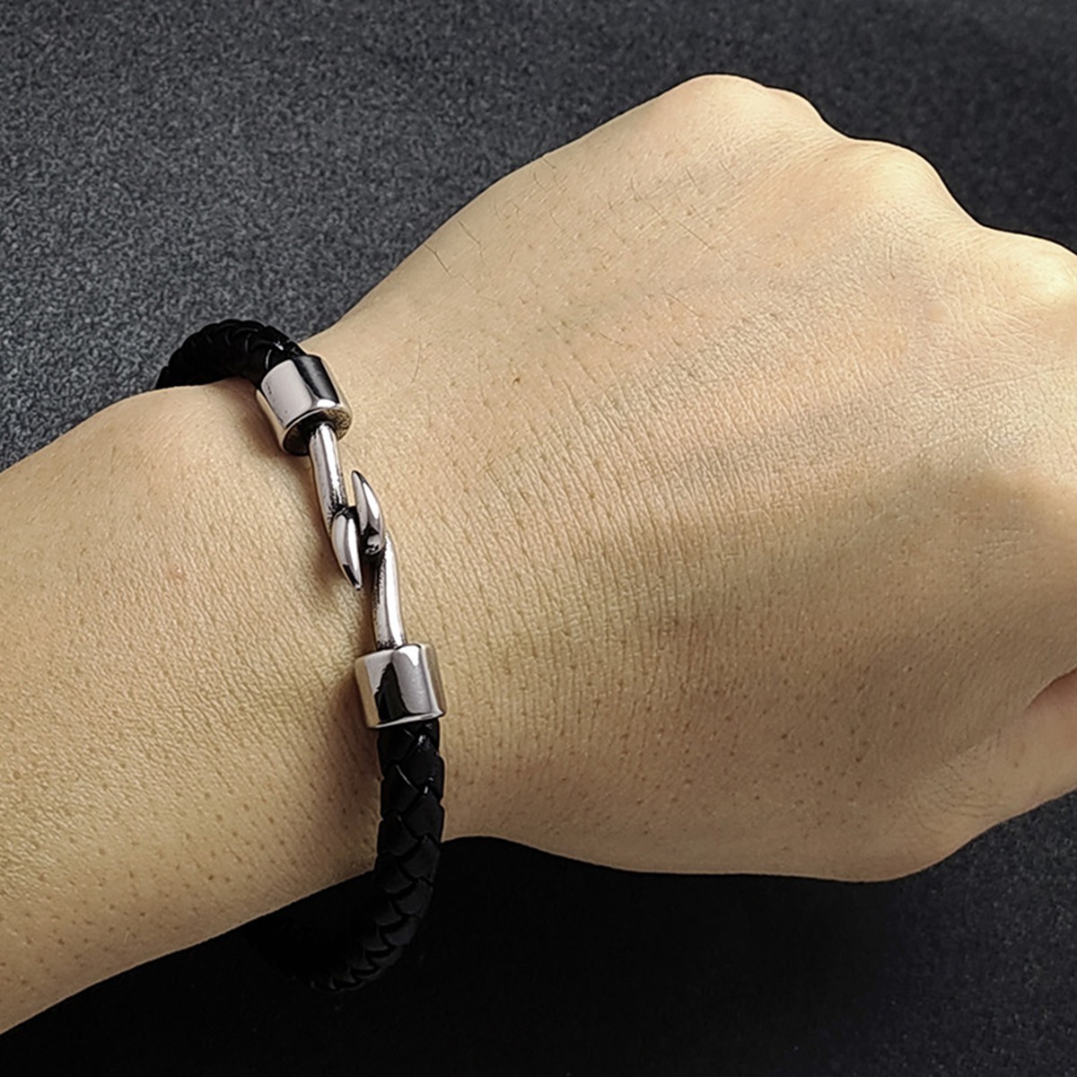 Men's Braided Leather Bracelet Silver Fish Hook Stainless Steel Clasp Wristband Cuff Rope Bangle for Men Gifts