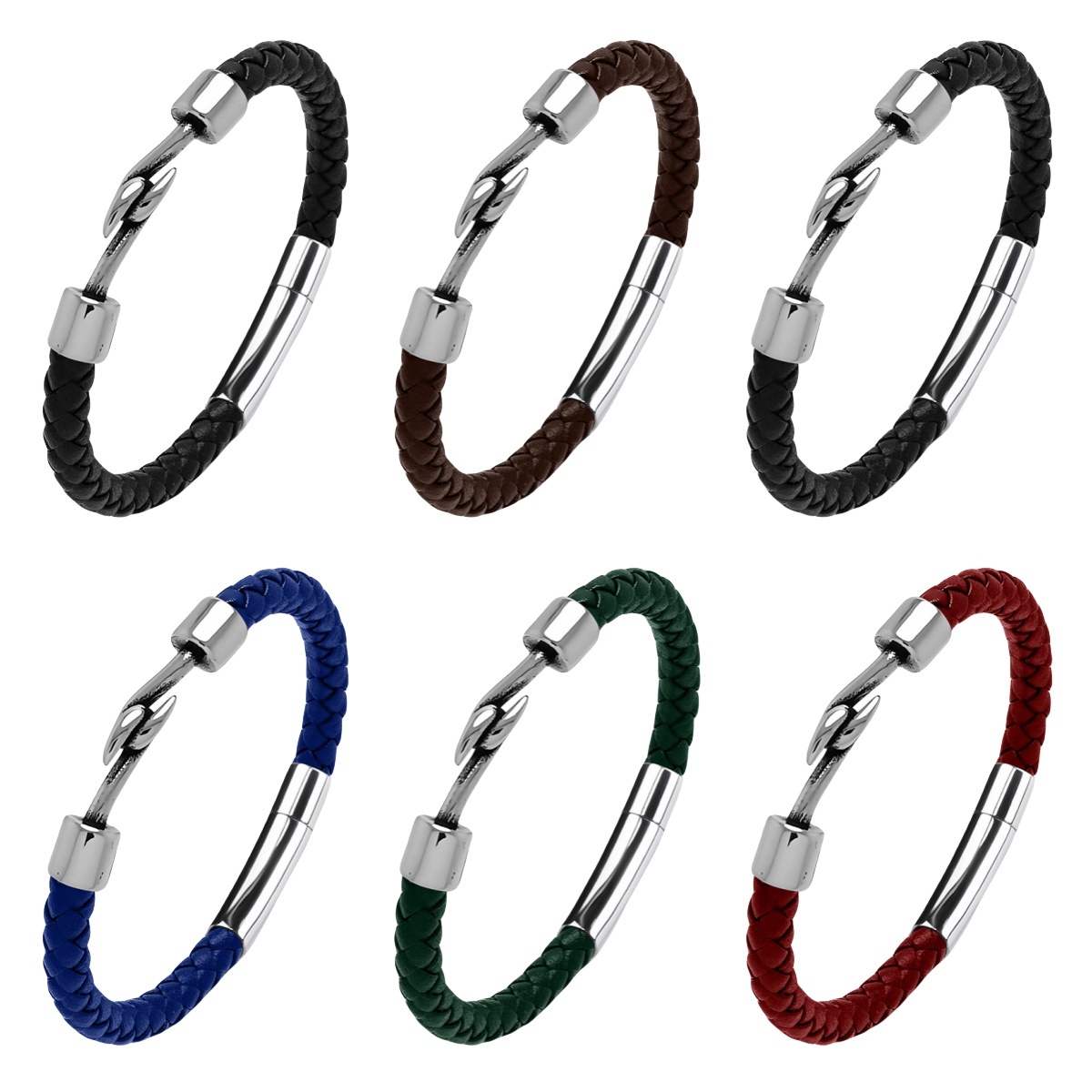 Men's Braided Leather Bracelet Silver Fish Hook Stainless Steel Clasp Wristband Cuff Rope Bangle for Men Gifts