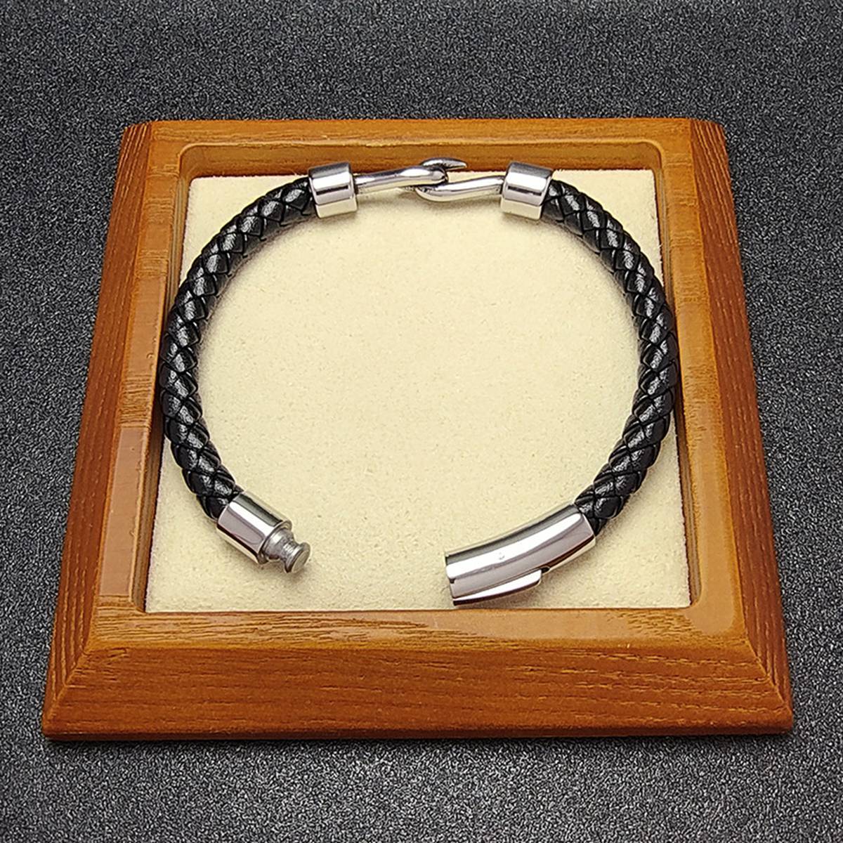 Men's Braided Leather Bracelet Silver Fish Hook Stainless Steel Clasp Wristband Cuff Rope Bangle for Men Gifts