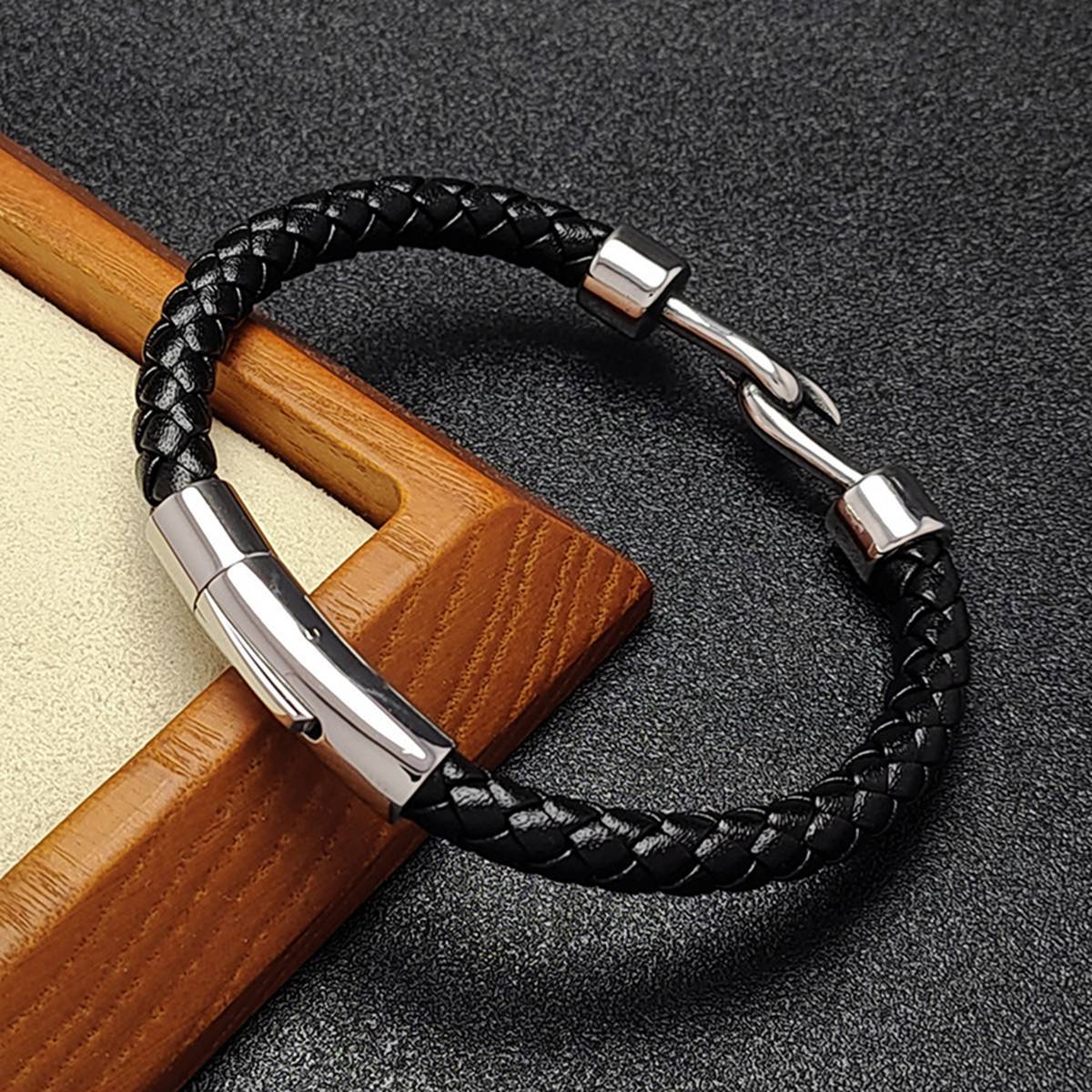 Men's Braided Leather Bracelet Silver Fish Hook Stainless Steel Clasp Wristband Cuff Rope Bangle for Men Gifts