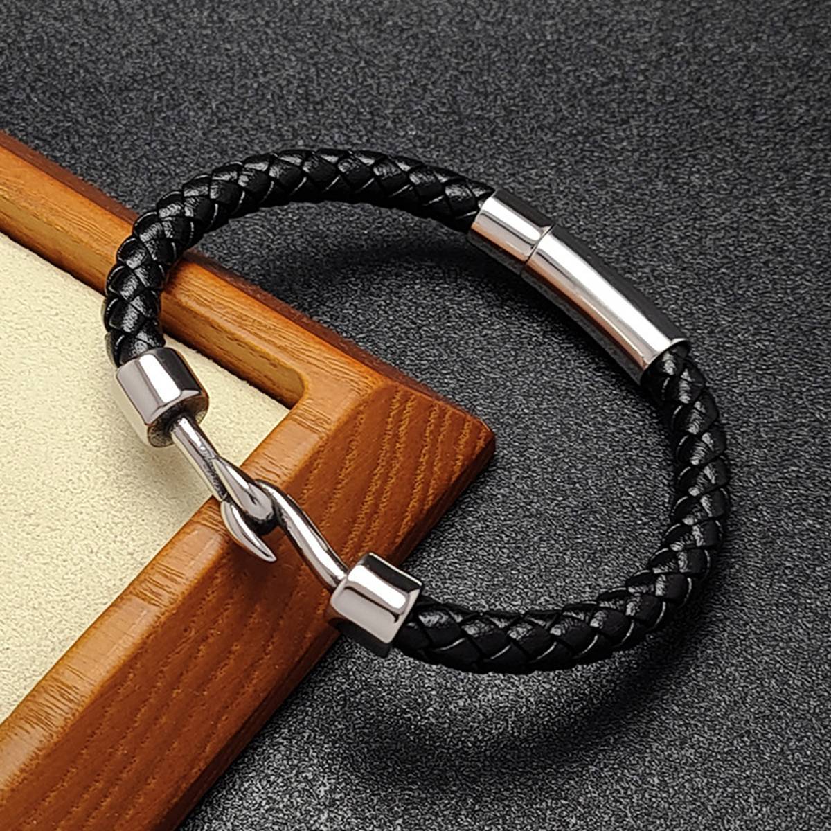 Men's Braided Leather Bracelet Silver Fish Hook Stainless Steel Clasp Wristband Cuff Rope Bangle for Men Gifts