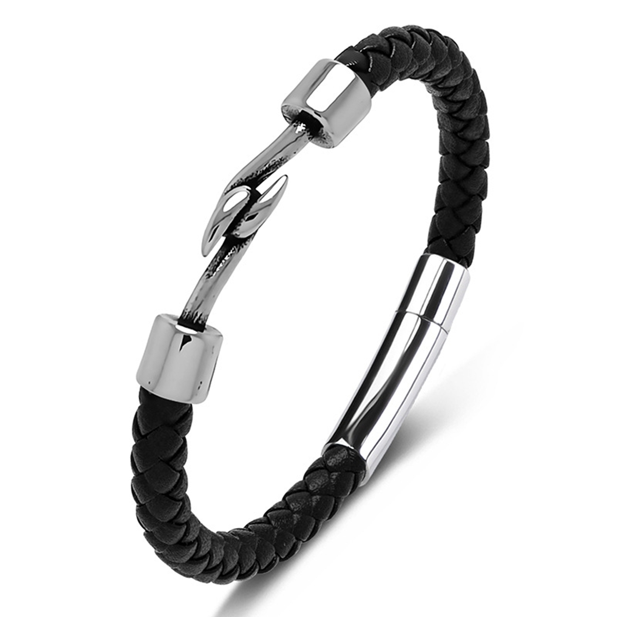 Men's Braided Leather Bracelet Silver Fish Hook Stainless Steel Clasp Wristband Cuff Rope Bangle for Men Gifts