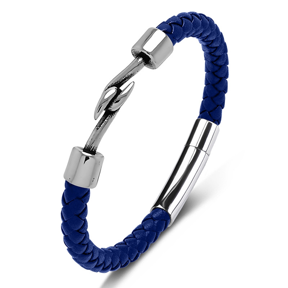Men's Braided Leather Bracelet Silver Fish Hook Stainless Steel Clasp Wristband Cuff Rope Bangle for Men Gifts