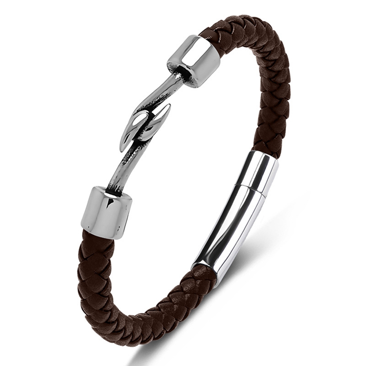 Men's Braided Leather Bracelet Silver Fish Hook Stainless Steel Clasp Wristband Cuff Rope Bangle for Men Gifts