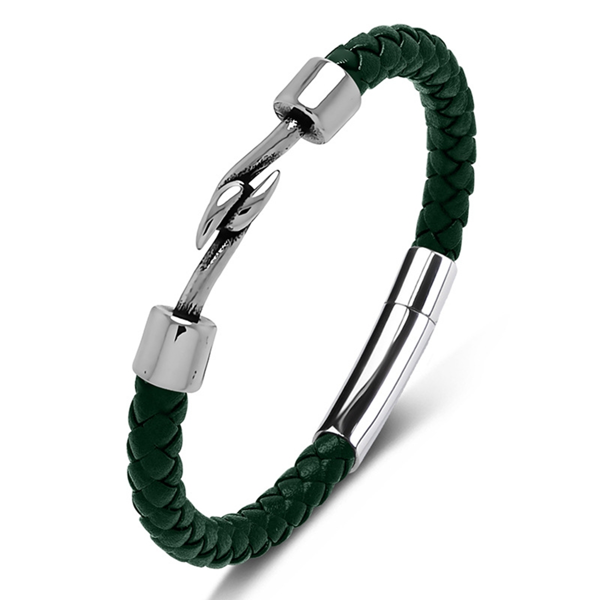 Men's Braided Leather Bracelet Silver Fish Hook Stainless Steel Clasp Wristband Cuff Rope Bangle for Men Gifts