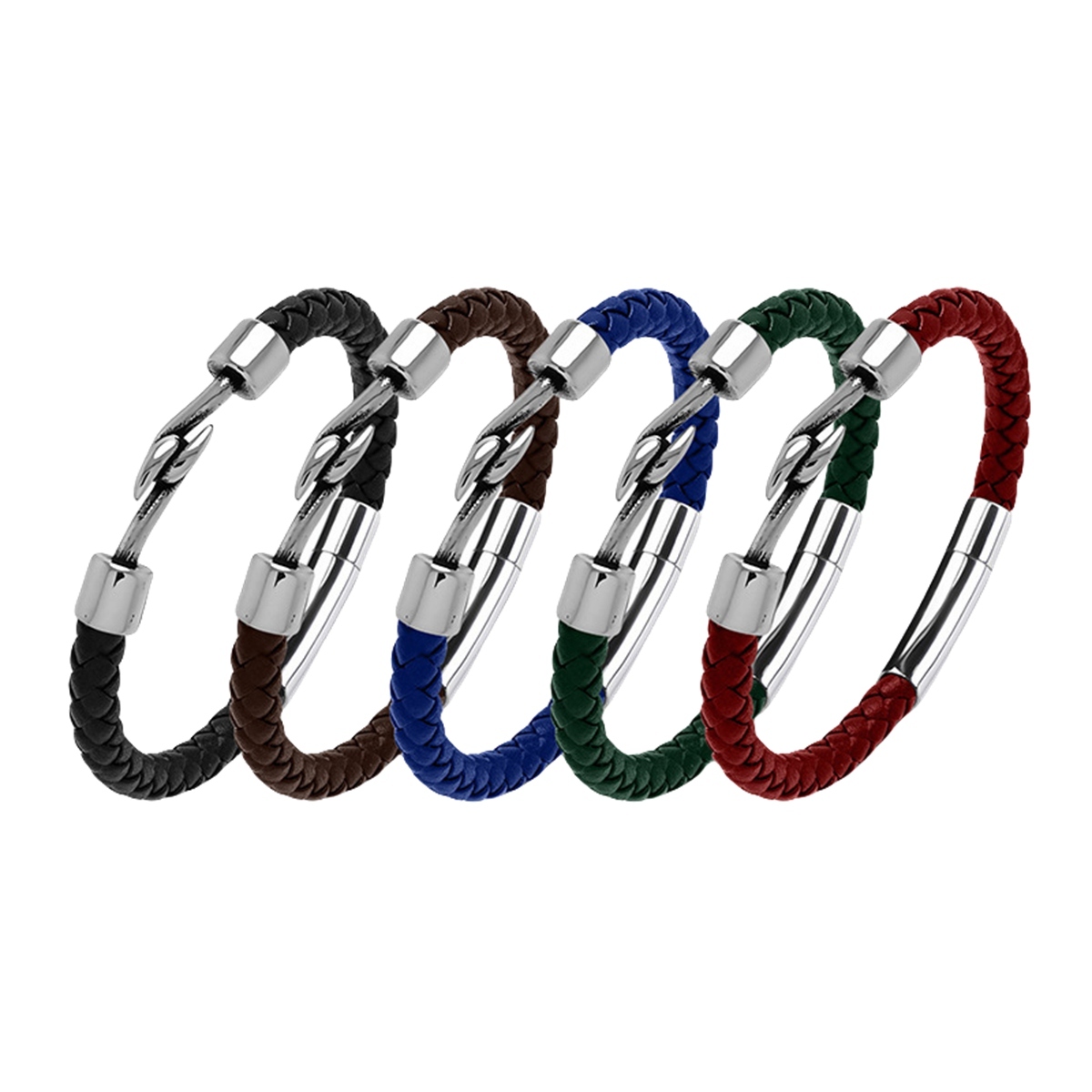 Men's Braided Leather Bracelet Silver Fish Hook Stainless Steel Clasp Wristband Cuff Rope Bangle for Men Gifts