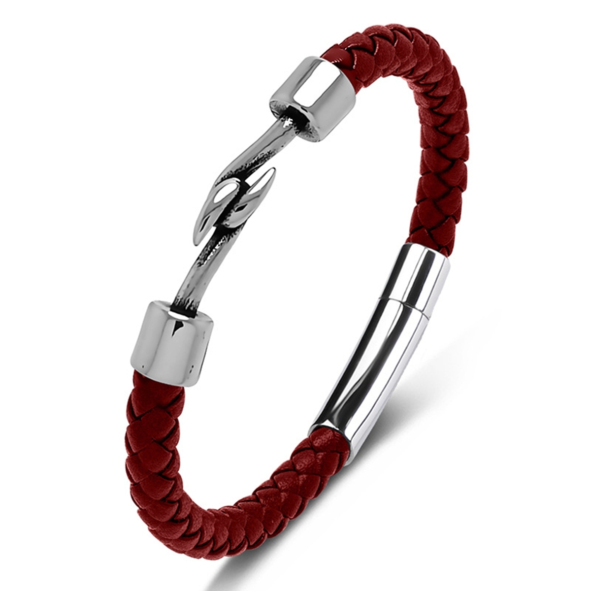 Men's Braided Leather Bracelet Silver Fish Hook Stainless Steel Clasp Wristband Cuff Rope Bangle for Men Gifts