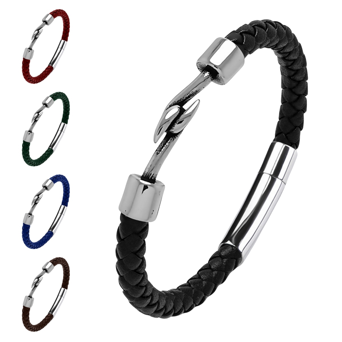 Men's Braided Leather Bracelet Silver Fish Hook Stainless Steel Clasp Wristband Cuff Rope Bangle for Men Gifts