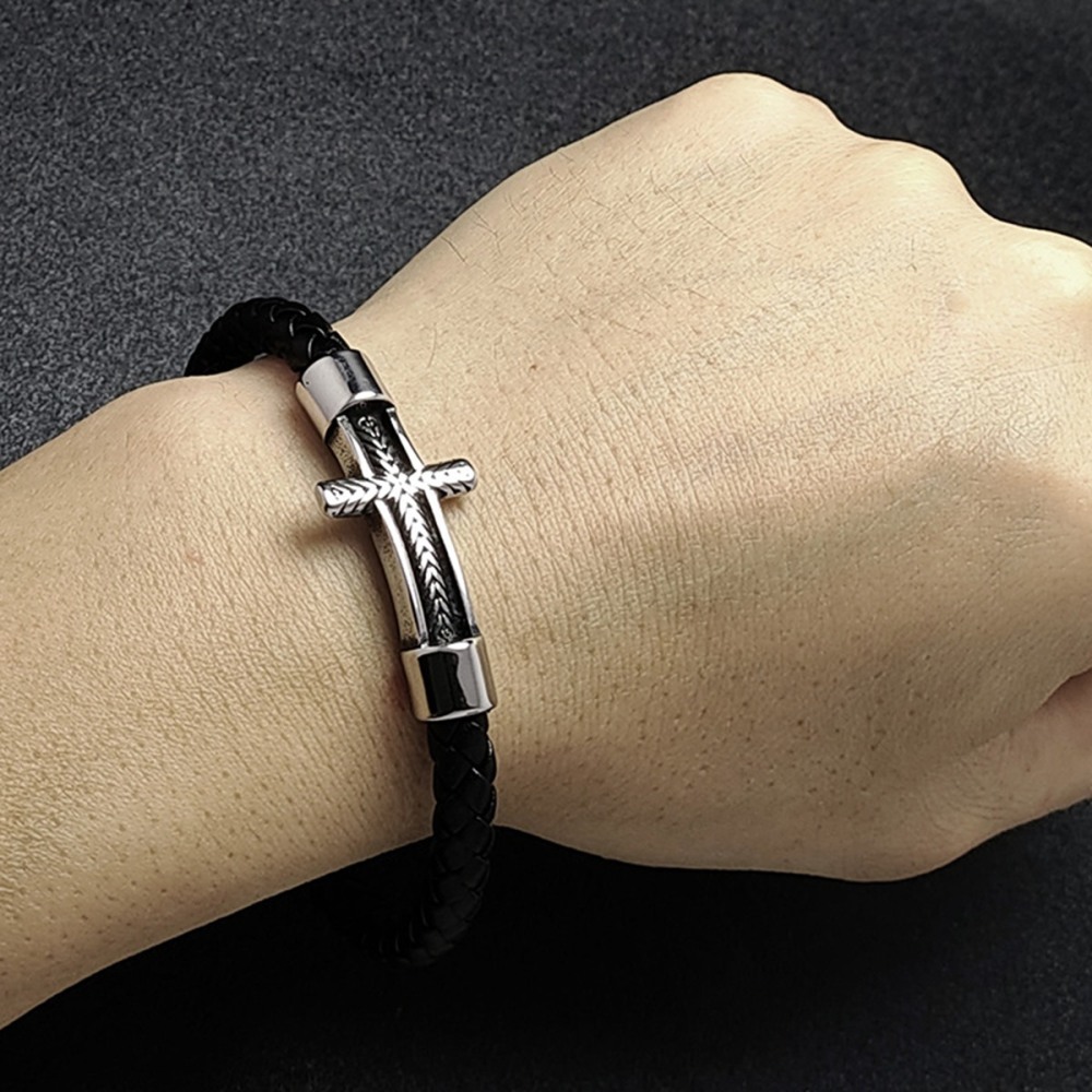 Men's Braided Leather Bracelet Silver Fish Hook Stainless Steel Clasp Wristband Cuff Rope Bangle for Men Gifts