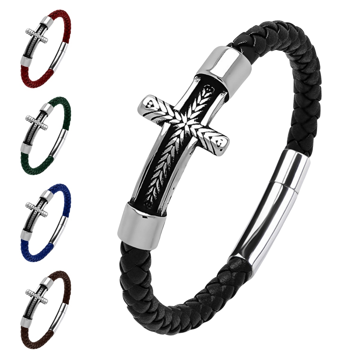 Men's Braided Leather Bracelet Silver Fish Hook Stainless Steel Clasp Wristband Cuff Rope Bangle for Men Gifts