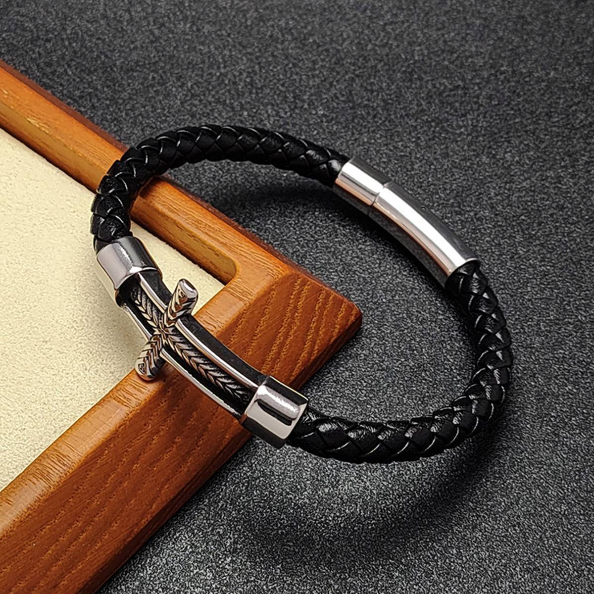 Men's Braided Leather Bracelet Silver Fish Hook Stainless Steel Clasp Wristband Cuff Rope Bangle for Men Gifts