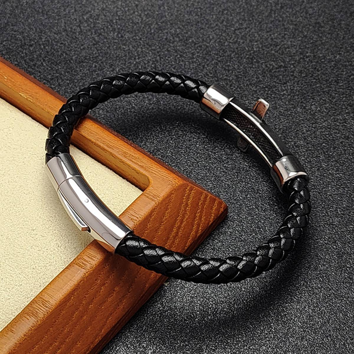 Men's Braided Leather Bracelet Silver Fish Hook Stainless Steel Clasp Wristband Cuff Rope Bangle for Men Gifts