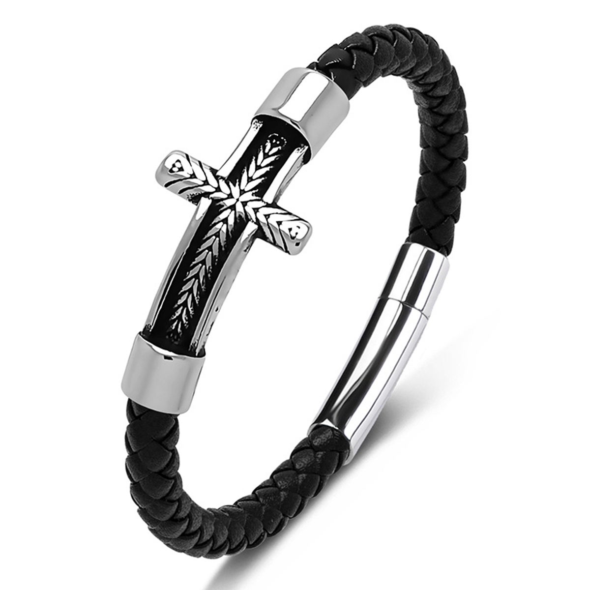 Men's Braided Leather Bracelet Silver Fish Hook Stainless Steel Clasp Wristband Cuff Rope Bangle for Men Gifts