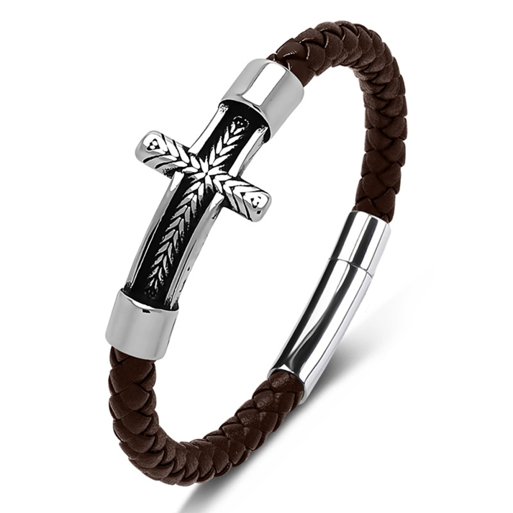 Men's Braided Leather Bracelet Silver Fish Hook Stainless Steel Clasp Wristband Cuff Rope Bangle for Men Gifts