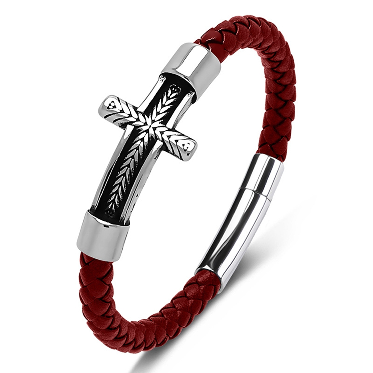 Men's Braided Leather Bracelet Silver Fish Hook Stainless Steel Clasp Wristband Cuff Rope Bangle for Men Gifts