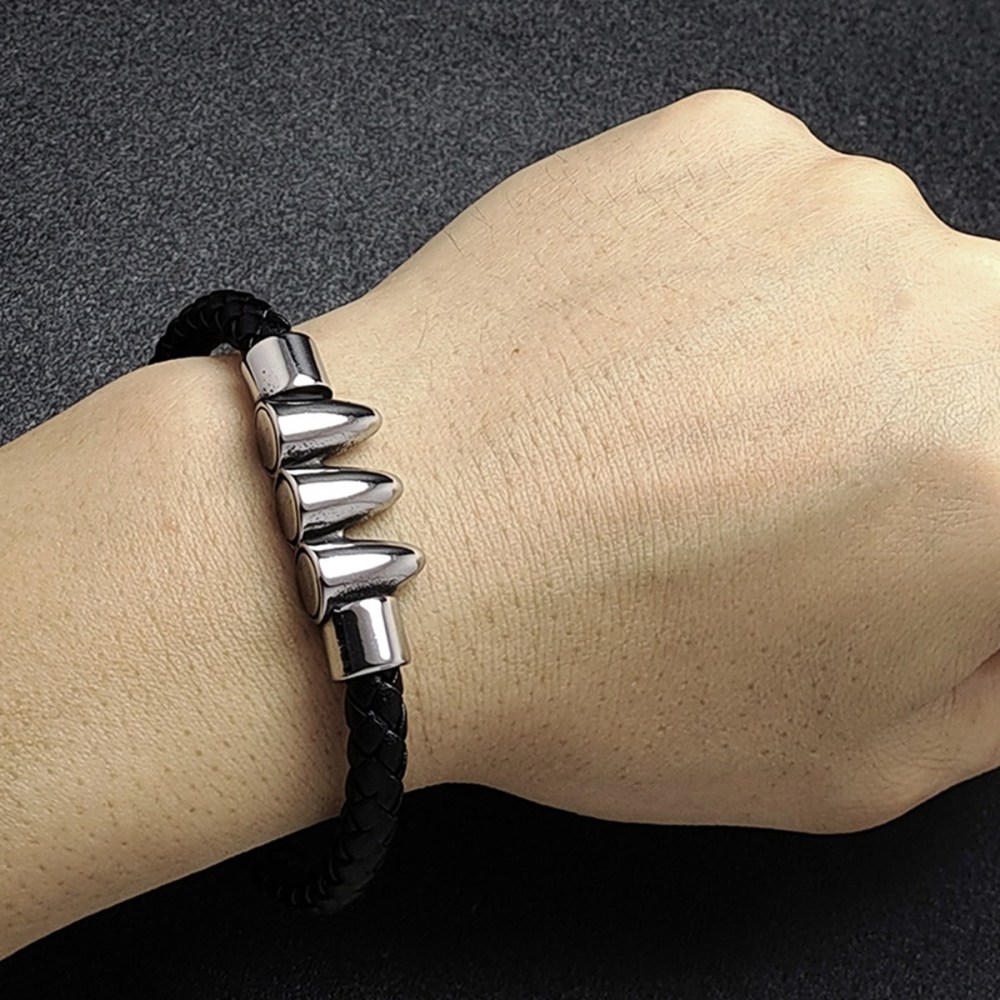 Men's Braided Leather Bracelet Silver Bullet Stainless Steel Clasp Wristband Cuff Rope Bangle for Men Gifts