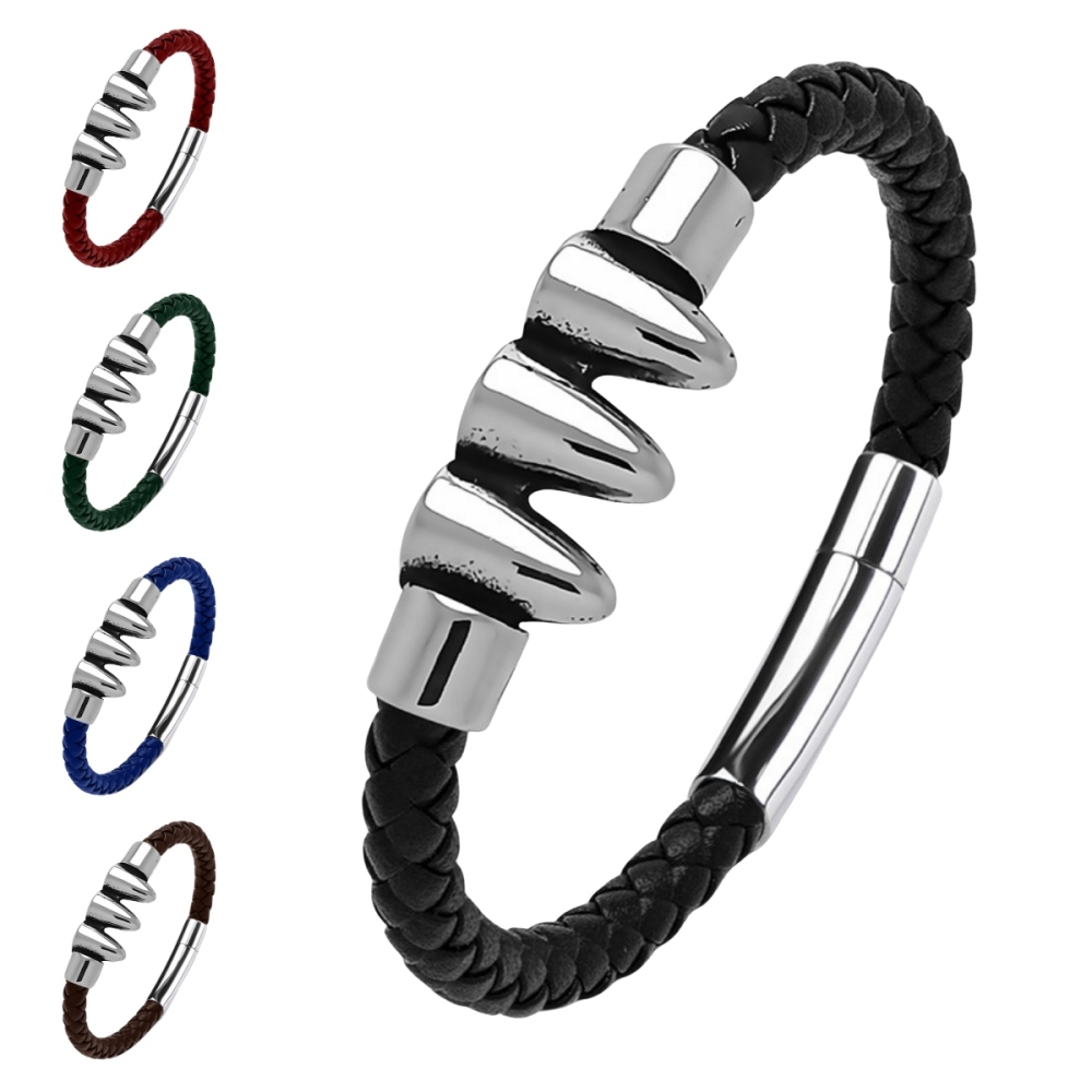 Men's Braided Leather Bracelet Silver Bullet Stainless Steel Clasp Wristband Cuff Rope Bangle for Men Gifts