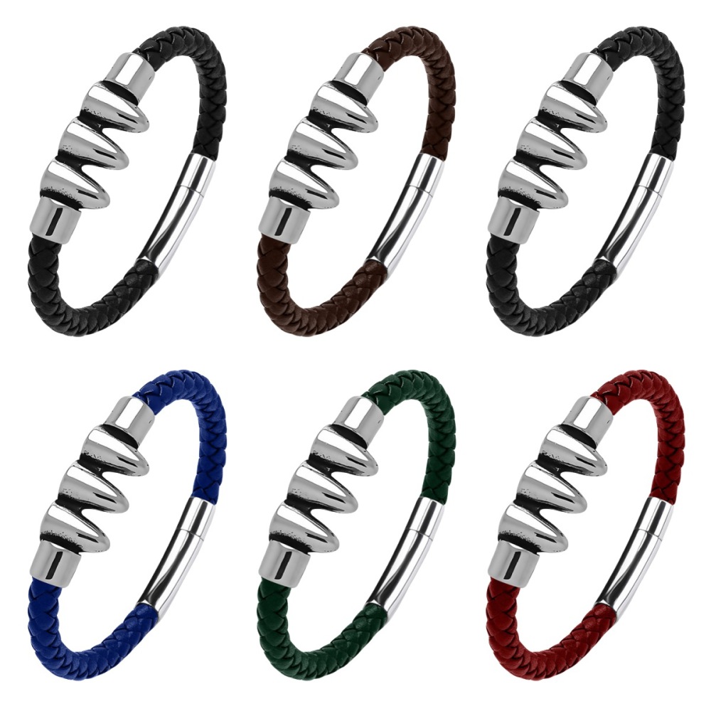 Men's Braided Leather Bracelet Silver Bullet Stainless Steel Clasp Wristband Cuff Rope Bangle for Men Gifts