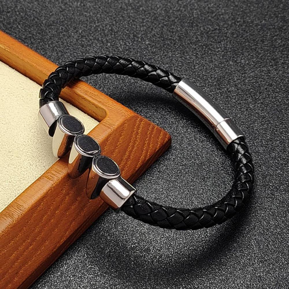 Men's Braided Leather Bracelet Silver Bullet Stainless Steel Clasp Wristband Cuff Rope Bangle for Men Gifts