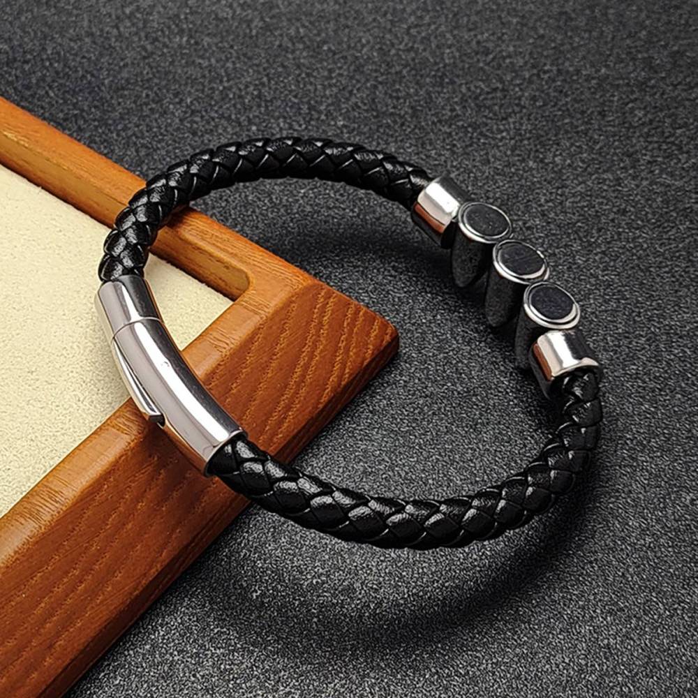 Men's Braided Leather Bracelet Silver Bullet Stainless Steel Clasp Wristband Cuff Rope Bangle for Men Gifts