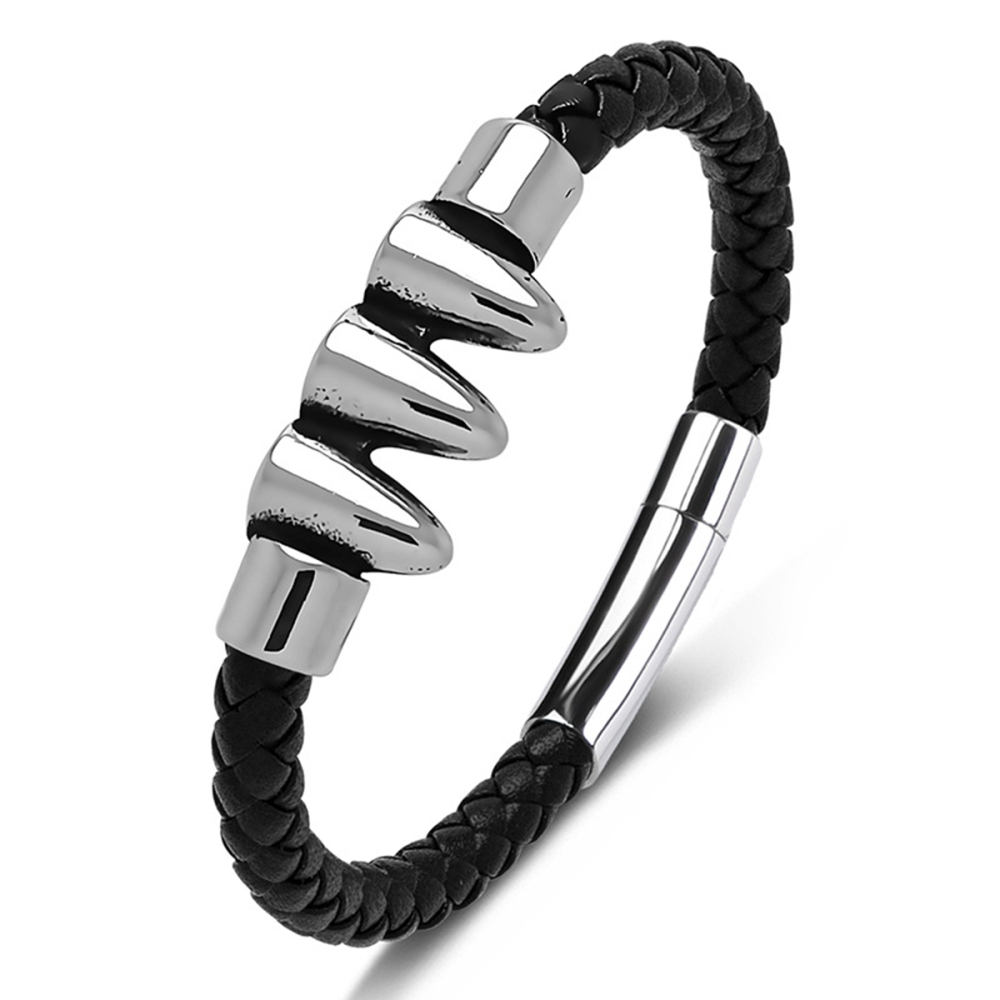 Men's Braided Leather Bracelet Silver Bullet Stainless Steel Clasp Wristband Cuff Rope Bangle for Men Gifts