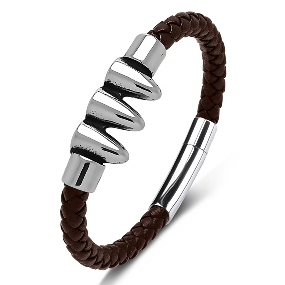 Men's Braided Leather Bracelet Silver Bullet Stainless Steel Clasp Wristband Cuff Rope Bangle for Men Gifts
