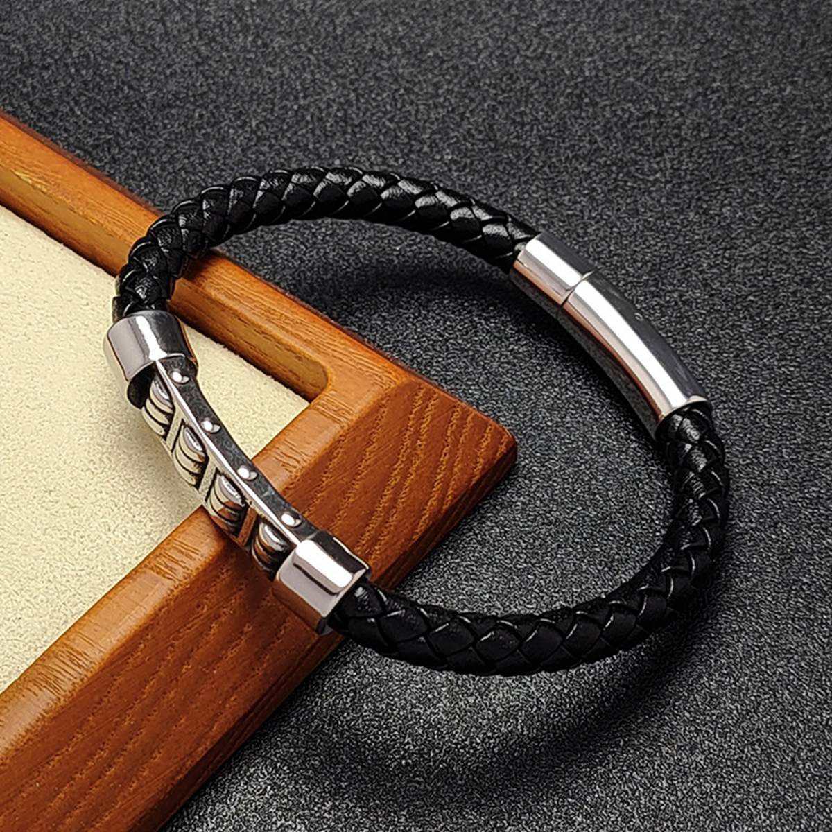 Men's Braided Leather Bracelet Silver Cross Stainless Steel Clasp Wristband Cuff Rope Bangle for Men Gifts