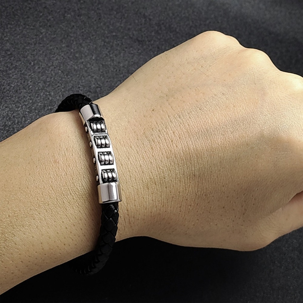 Men's Braided Leather Bracelet Silver Cross Stainless Steel Clasp Wristband Cuff Rope Bangle for Men Gifts