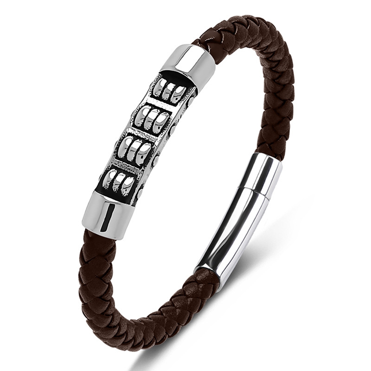 Men's Braided Leather Bracelet Silver Cross Stainless Steel Clasp Wristband Cuff Rope Bangle for Men Gifts