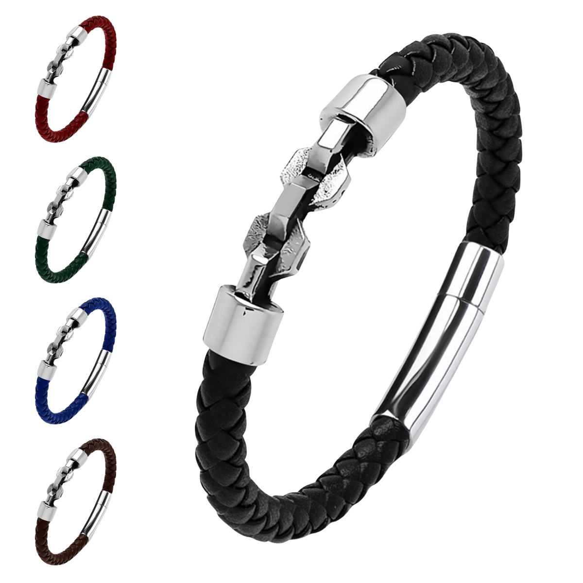 Men's Braided Leather Bracelet Silver Chain Stainless Steel Clasp Wristband Cuff Rope Bangle for Men Gifts