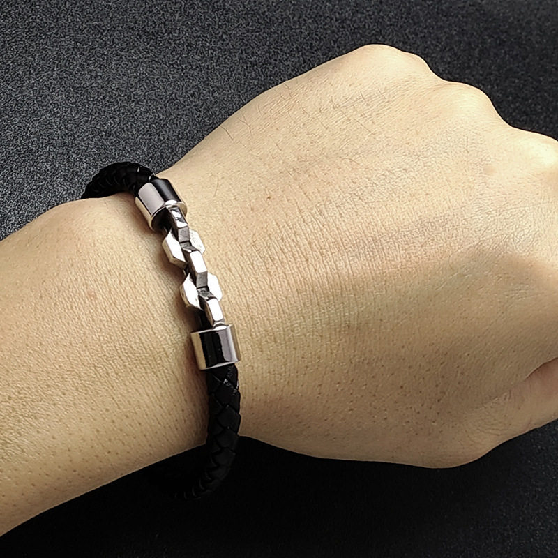 Men's Braided Leather Bracelet Silver Chain Stainless Steel Clasp Wristband Cuff Rope Bangle for Men Gifts