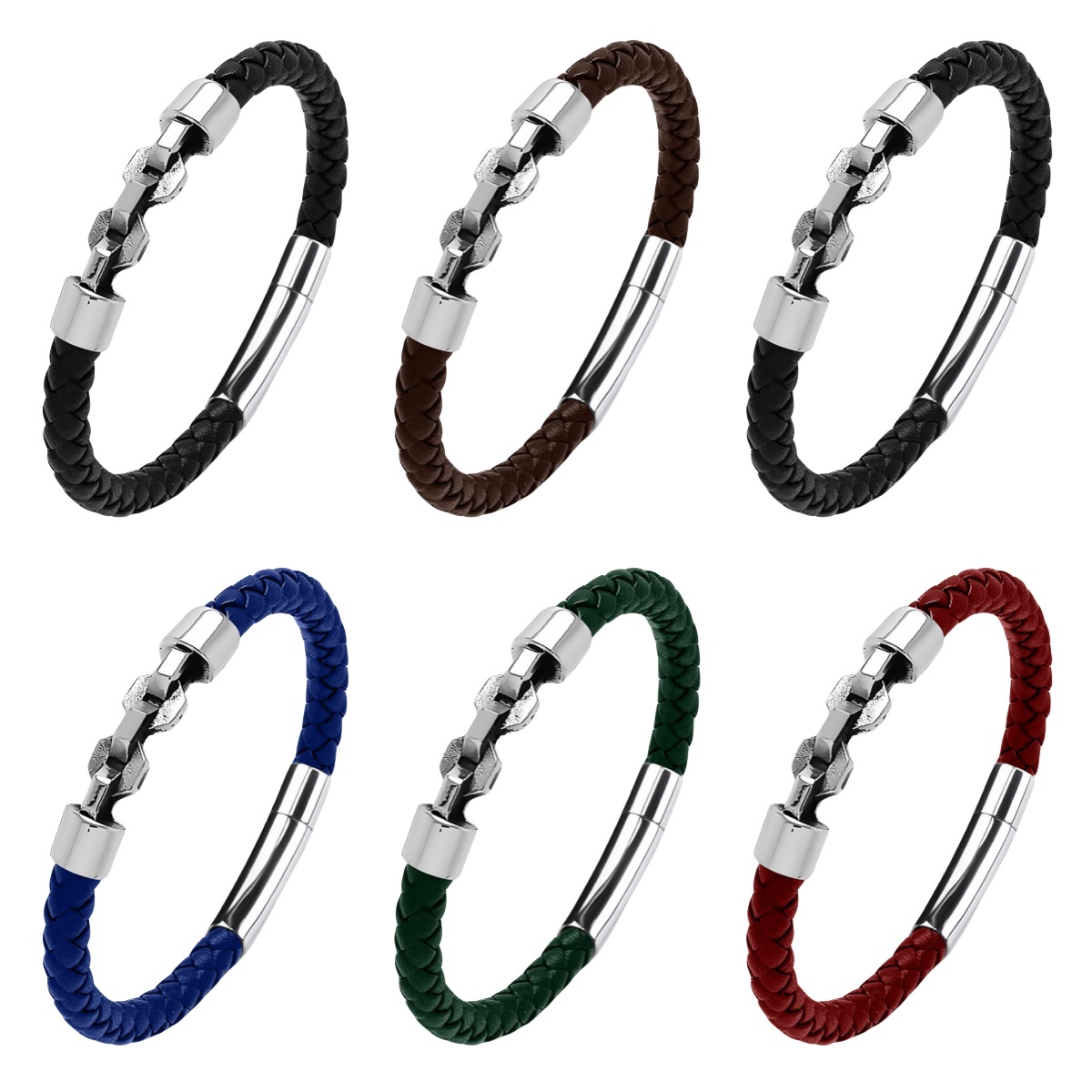 Men's Braided Leather Bracelet Silver Chain Stainless Steel Clasp Wristband Cuff Rope Bangle for Men Gifts