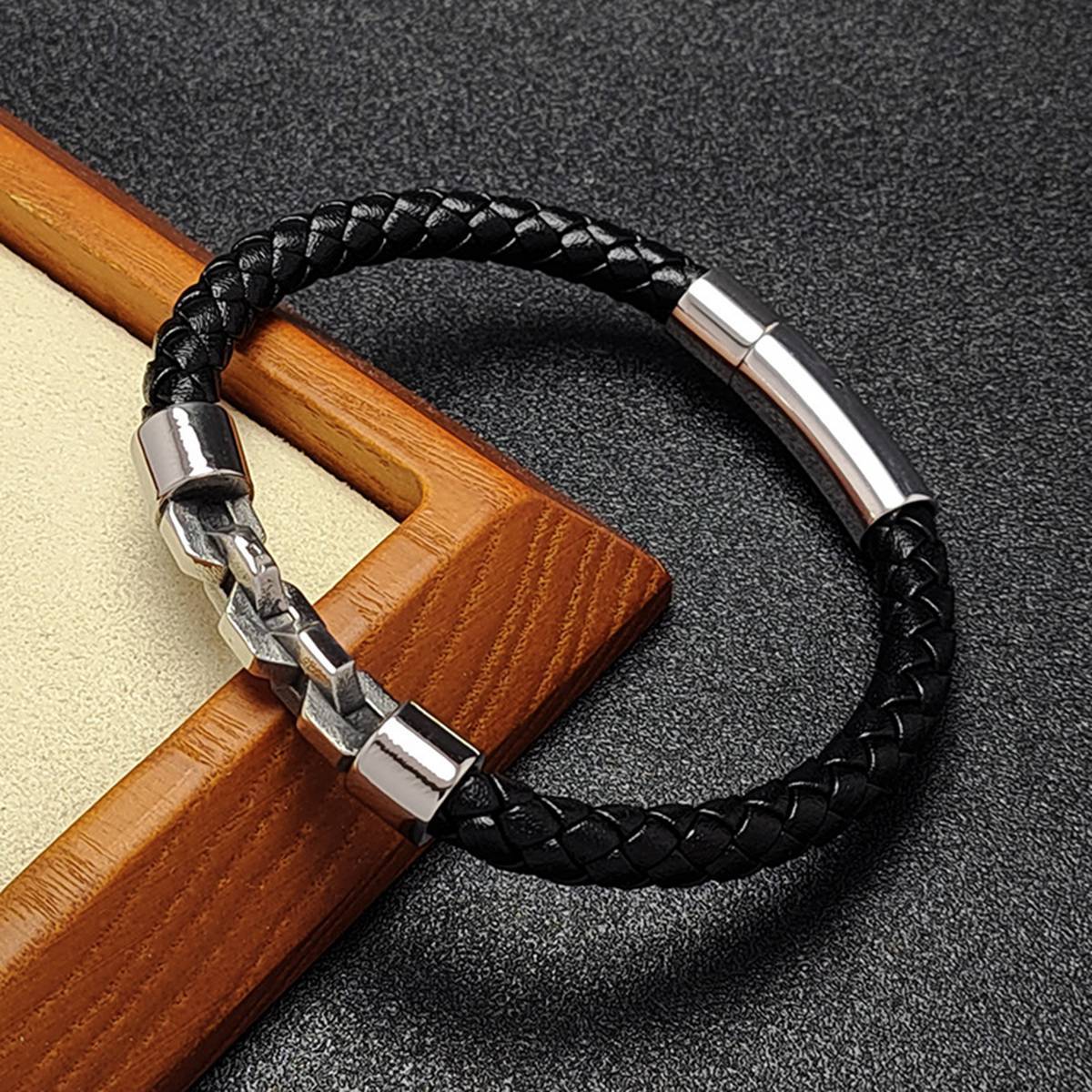 Men's Braided Leather Bracelet Silver Chain Stainless Steel Clasp Wristband Cuff Rope Bangle for Men Gifts