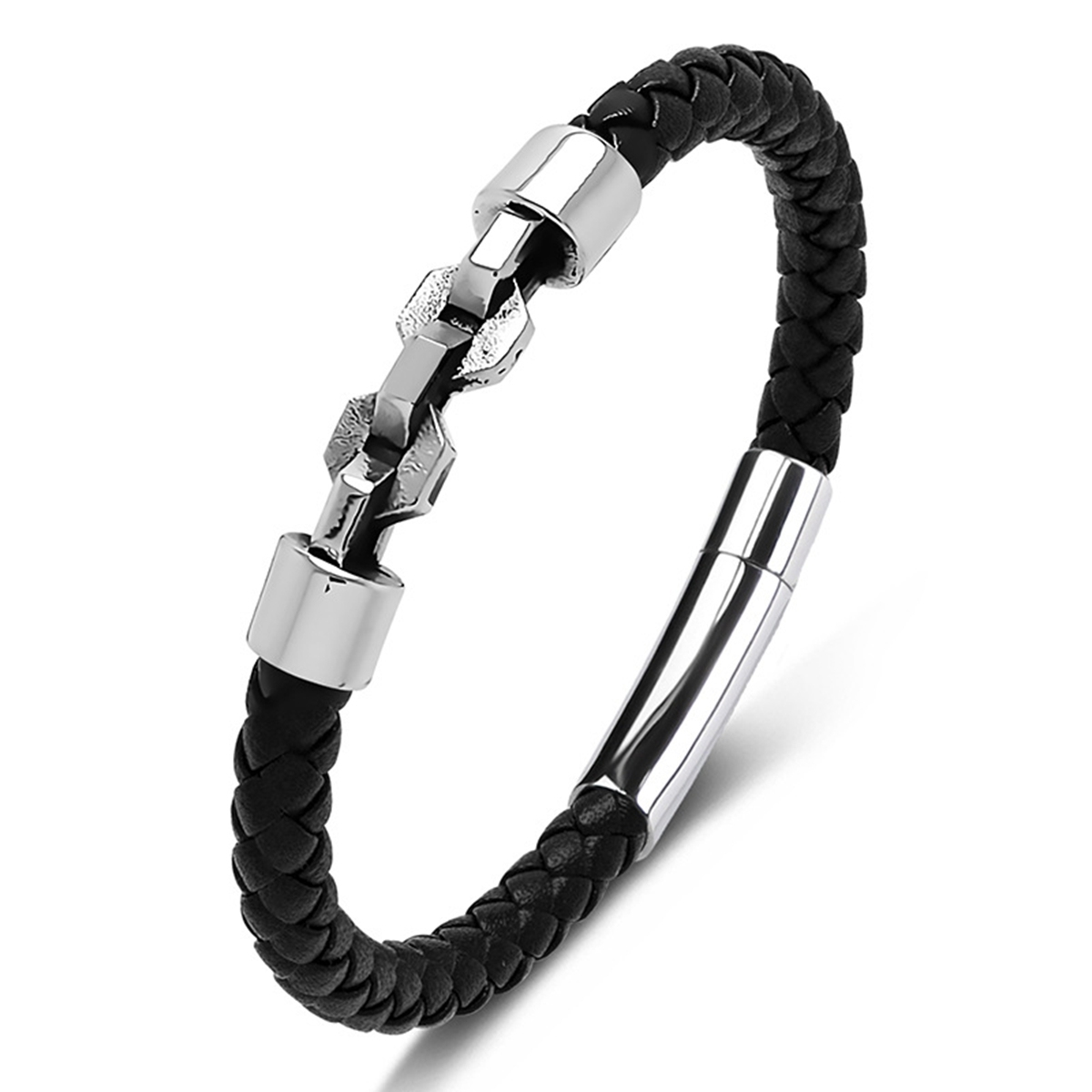 Men's Braided Leather Bracelet Silver Chain Stainless Steel Clasp Wristband Cuff Rope Bangle for Men Gifts
