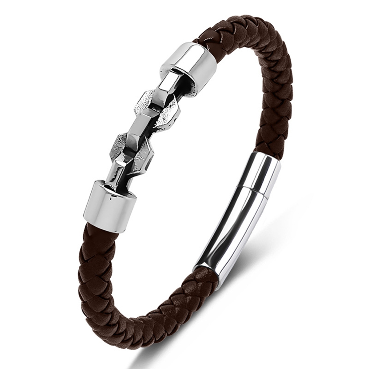 Men's Braided Leather Bracelet Silver Chain Stainless Steel Clasp Wristband Cuff Rope Bangle for Men Gifts