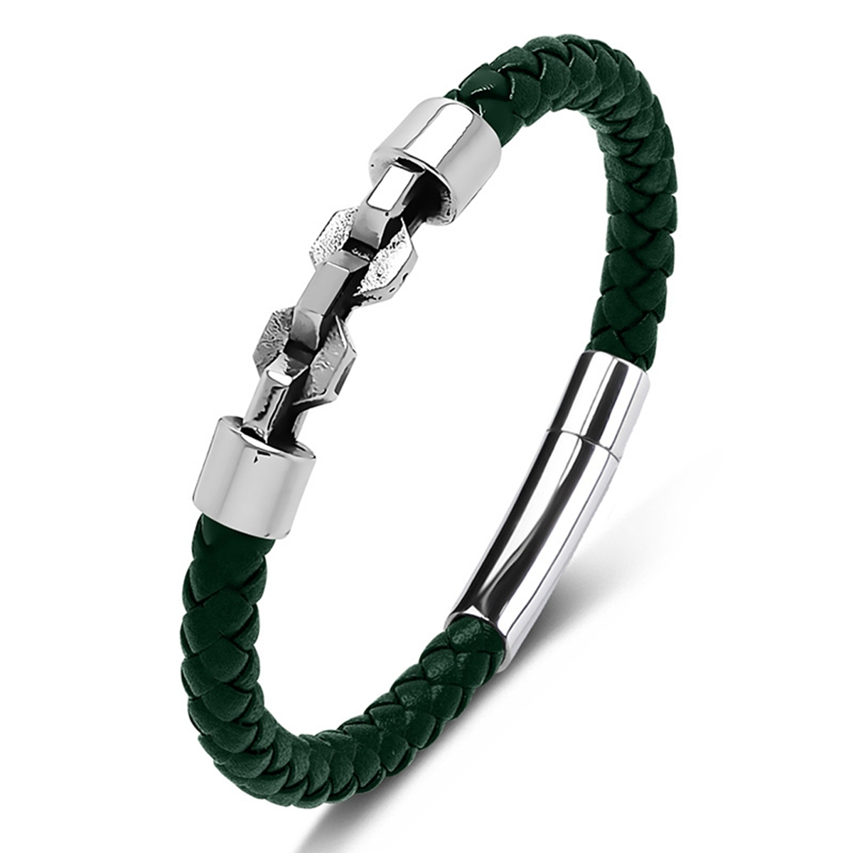Men's Braided Leather Bracelet Silver Chain Stainless Steel Clasp Wristband Cuff Rope Bangle for Men Gifts