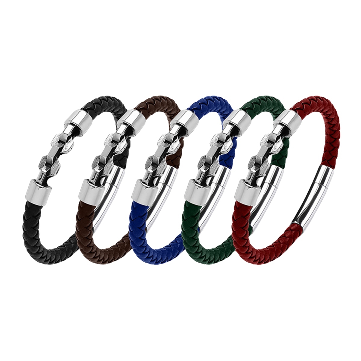 Men's Braided Leather Bracelet Silver Chain Stainless Steel Clasp Wristband Cuff Rope Bangle for Men Gifts