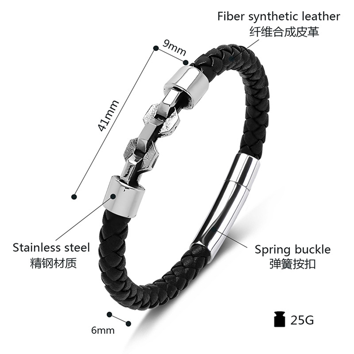 Men's Braided Leather Bracelet Silver Chain Stainless Steel Clasp Wristband Cuff Rope Bangle for Men Gifts