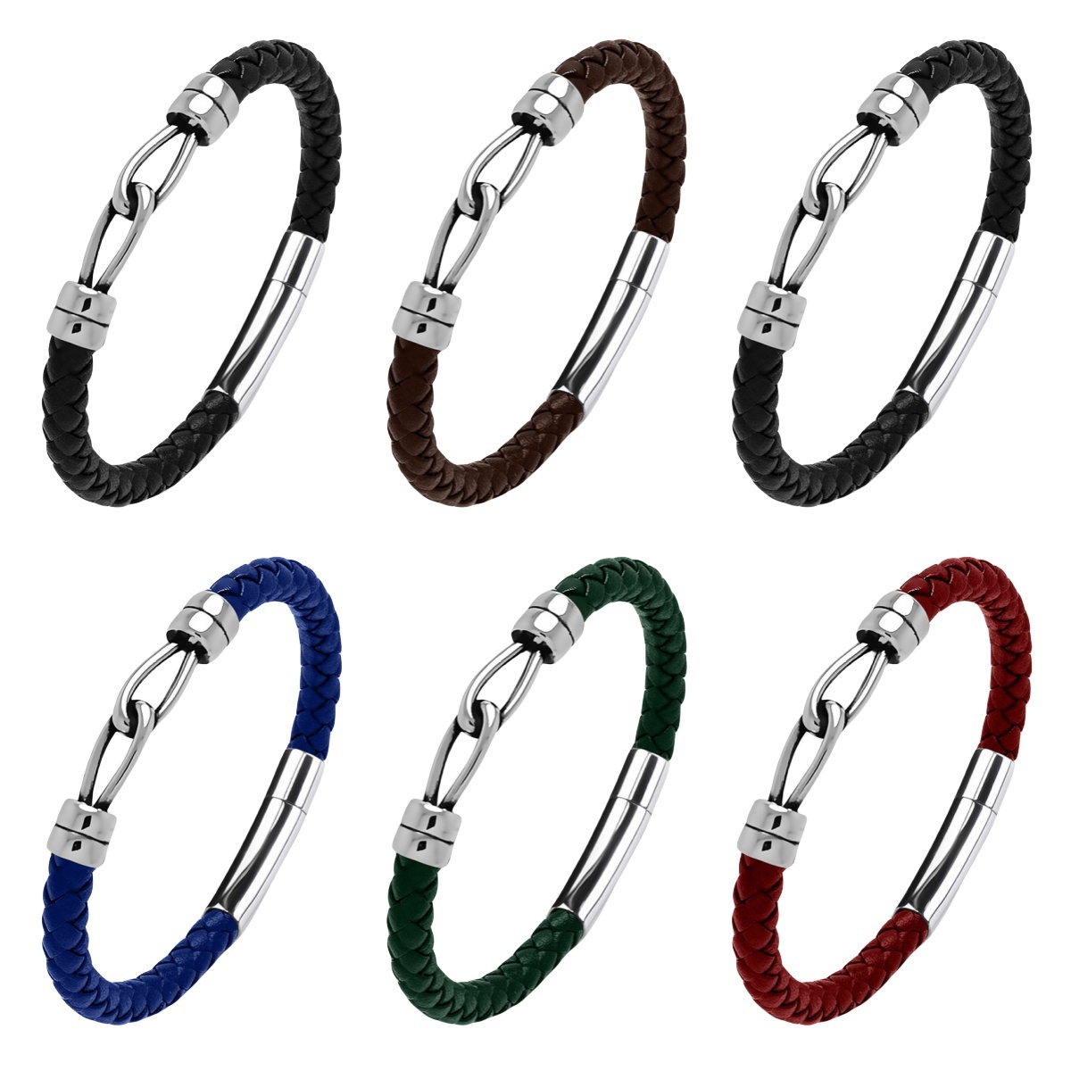 Men's Braided Leather Bracelet Silver Double Clasp Stainless Steel Clasp Wristband Cuff Rope Bangle for Men Gifts