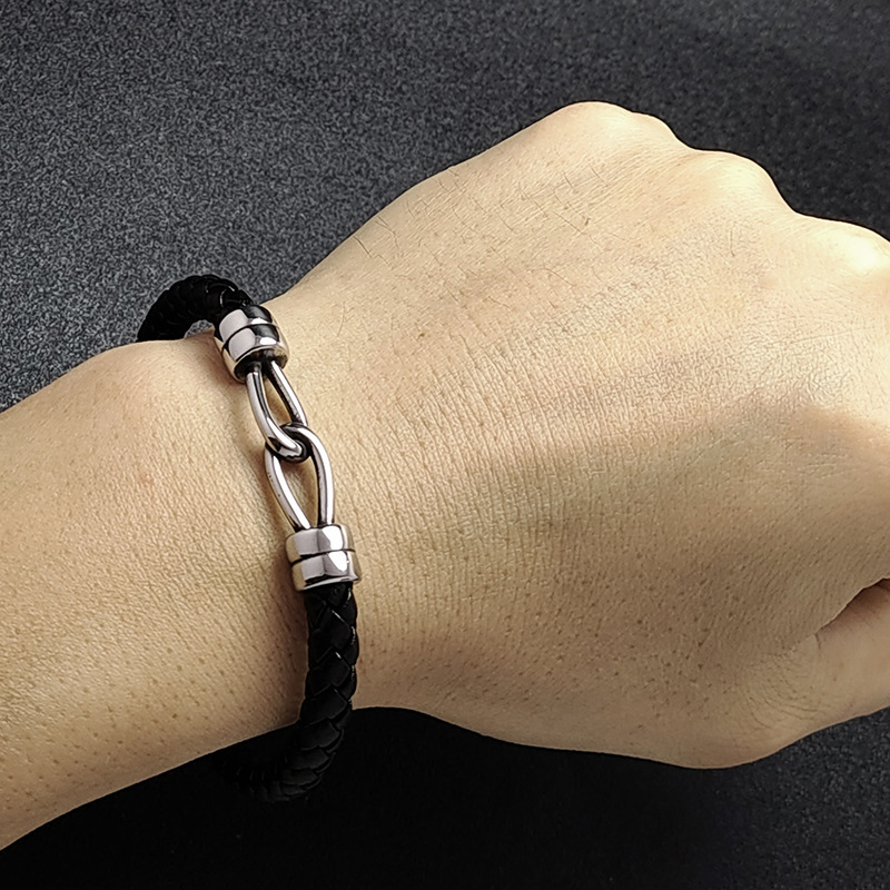 Men's Braided Leather Bracelet Silver Double Clasp Stainless Steel Clasp Wristband Cuff Rope Bangle for Men Gifts