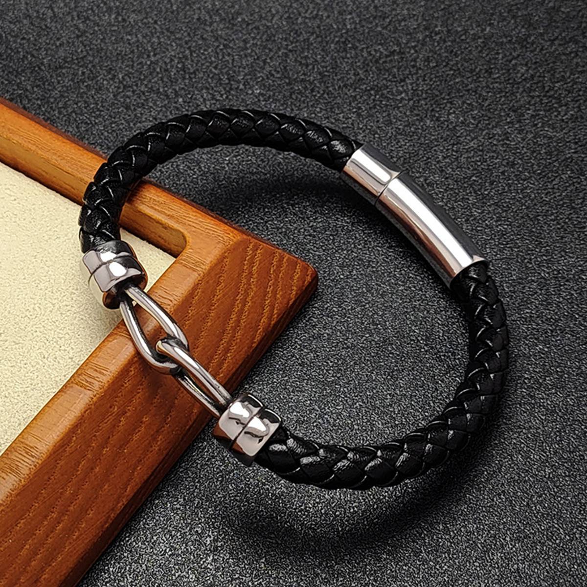 Men's Braided Leather Bracelet Silver Double Clasp Stainless Steel Clasp Wristband Cuff Rope Bangle for Men Gifts