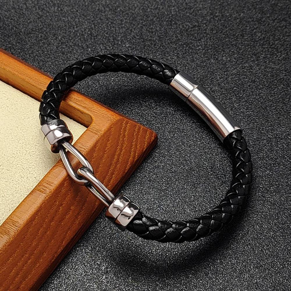Men's Braided Leather Bracelet Silver Double Clasp Stainless Steel Clasp Wristband Cuff Rope Bangle for Men Gifts