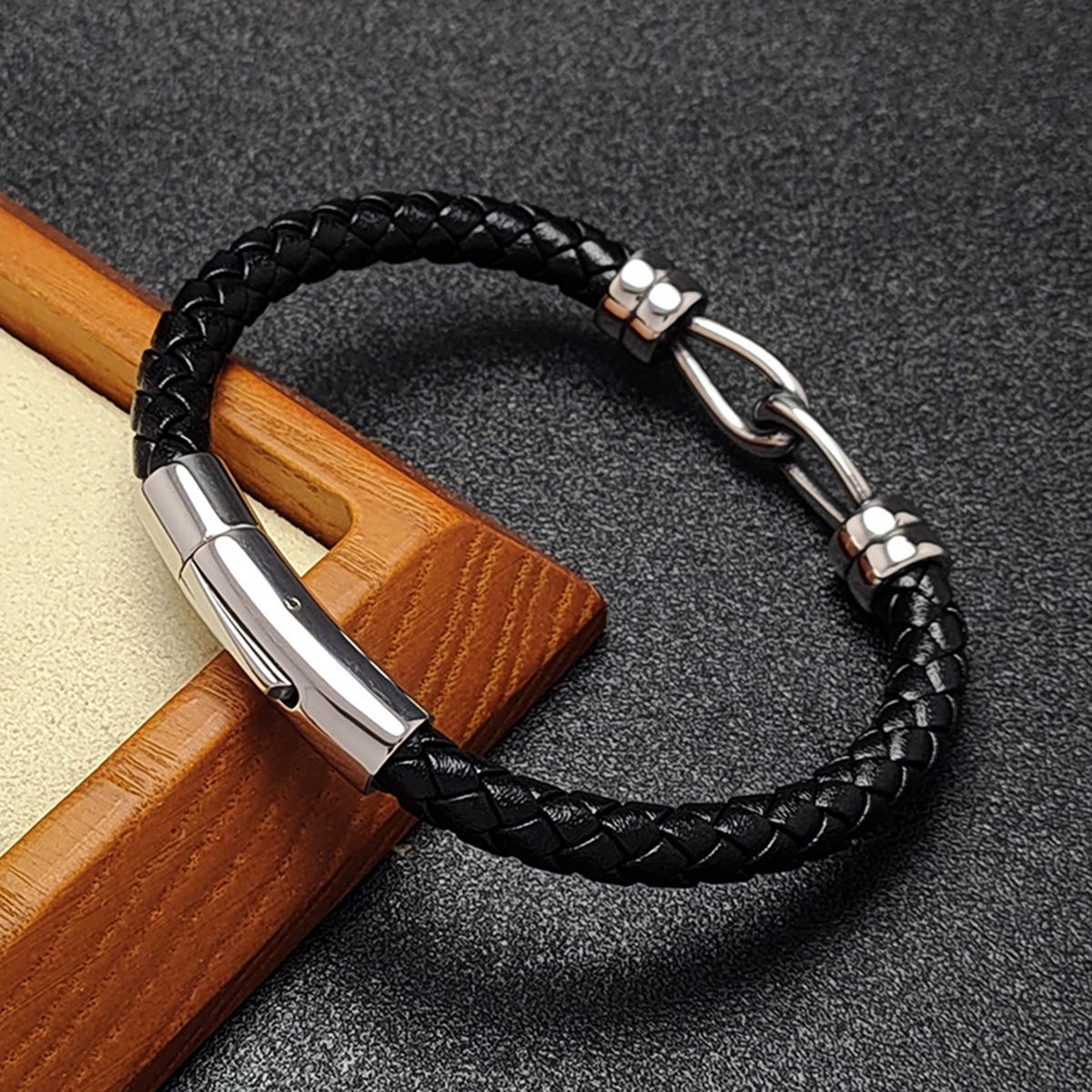 Men's Braided Leather Bracelet Silver Double Clasp Stainless Steel Clasp Wristband Cuff Rope Bangle for Men Gifts