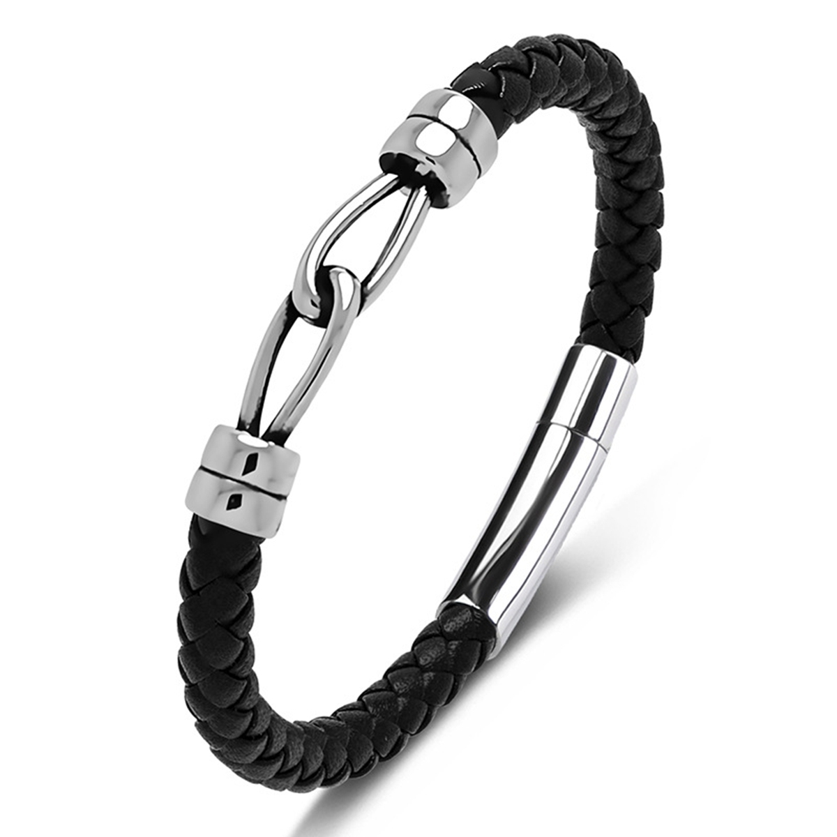 Men's Braided Leather Bracelet Silver Double Clasp Stainless Steel Clasp Wristband Cuff Rope Bangle for Men Gifts