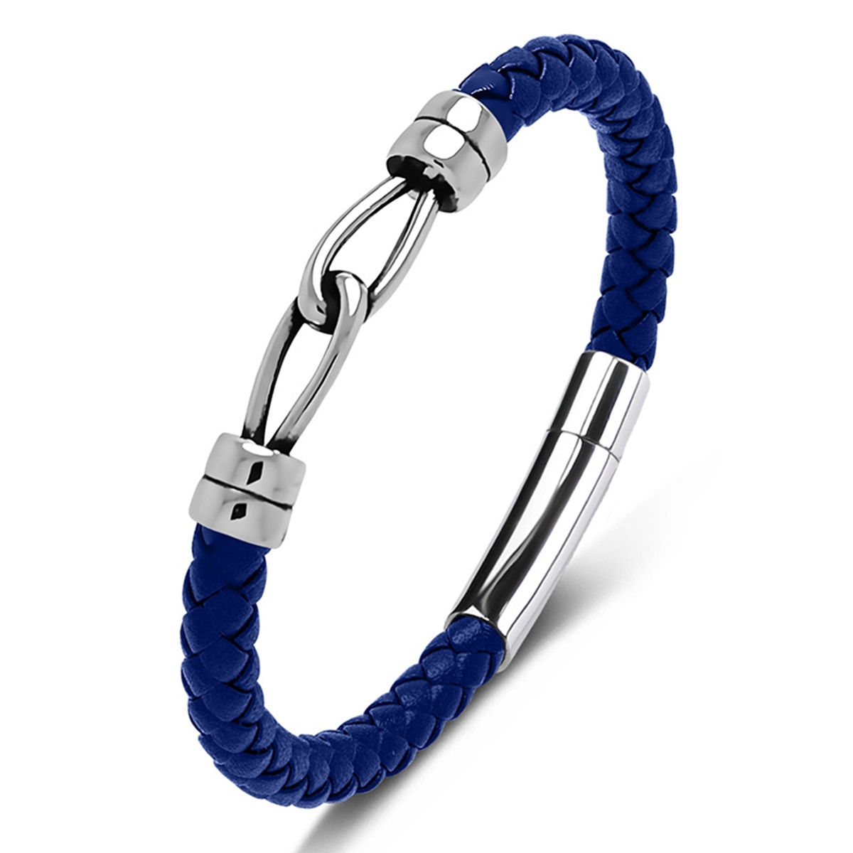 Men's Braided Leather Bracelet Silver Double Clasp Stainless Steel Clasp Wristband Cuff Rope Bangle for Men Gifts