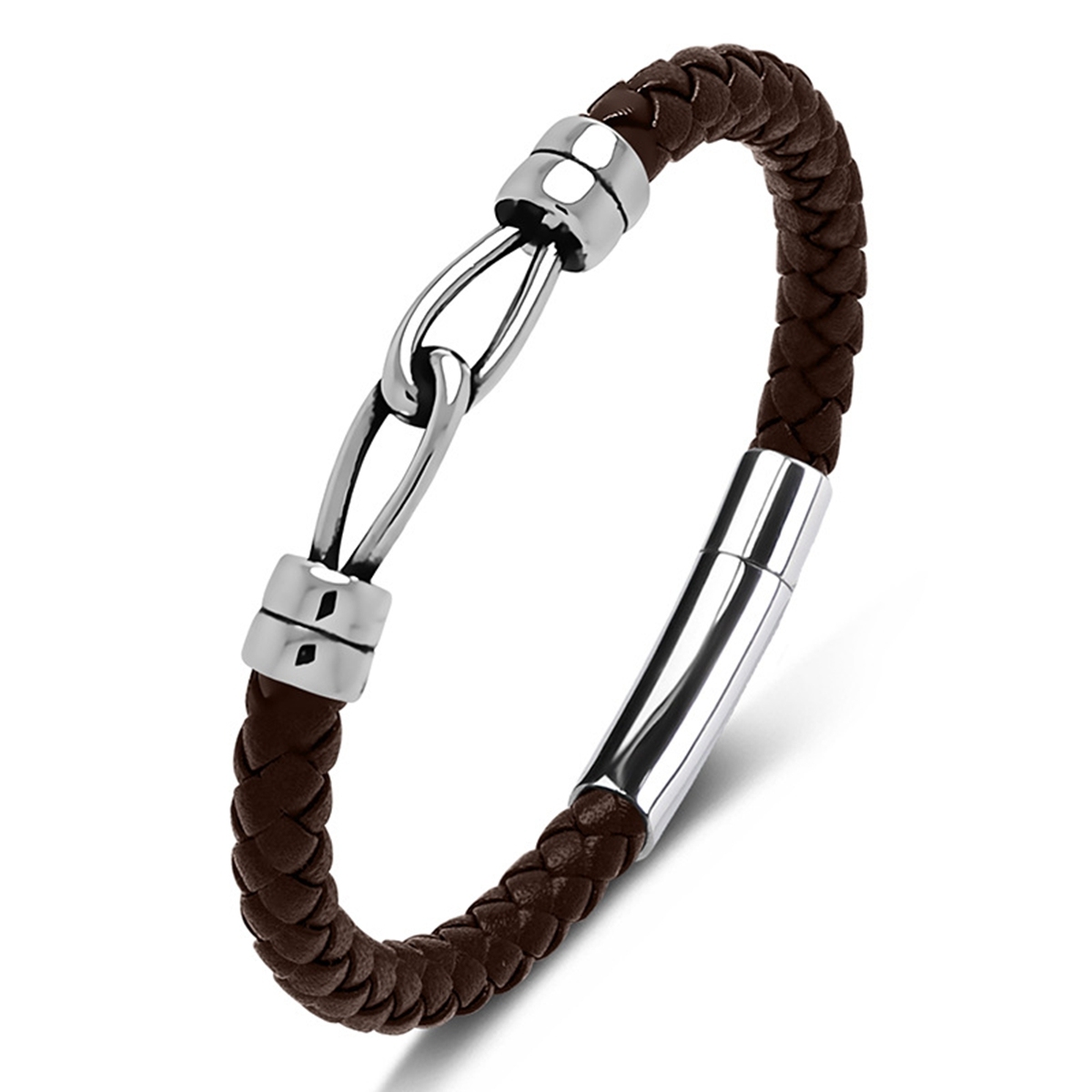 Men's Braided Leather Bracelet Silver Double Clasp Stainless Steel Clasp Wristband Cuff Rope Bangle for Men Gifts
