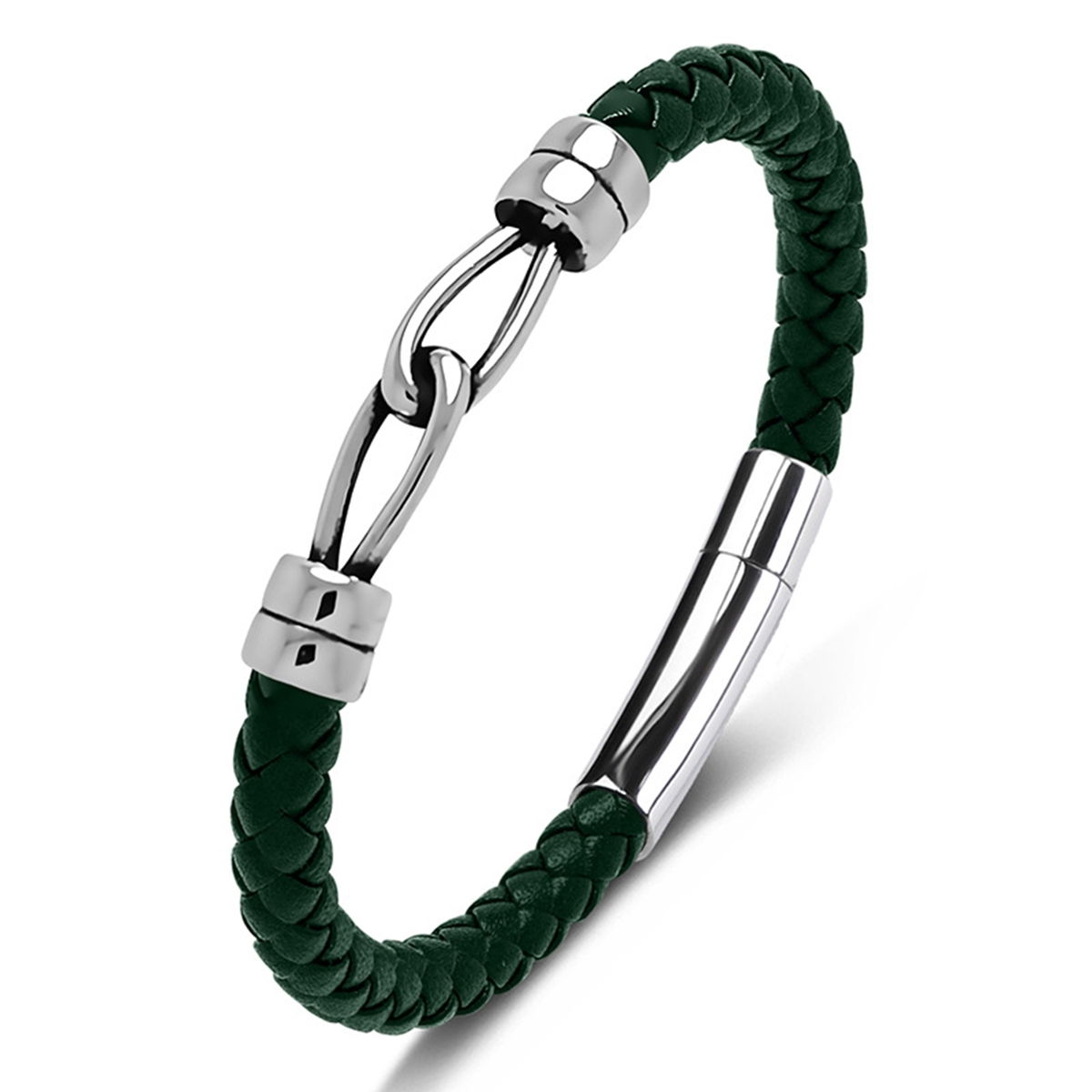 Men's Braided Leather Bracelet Silver Double Clasp Stainless Steel Clasp Wristband Cuff Rope Bangle for Men Gifts