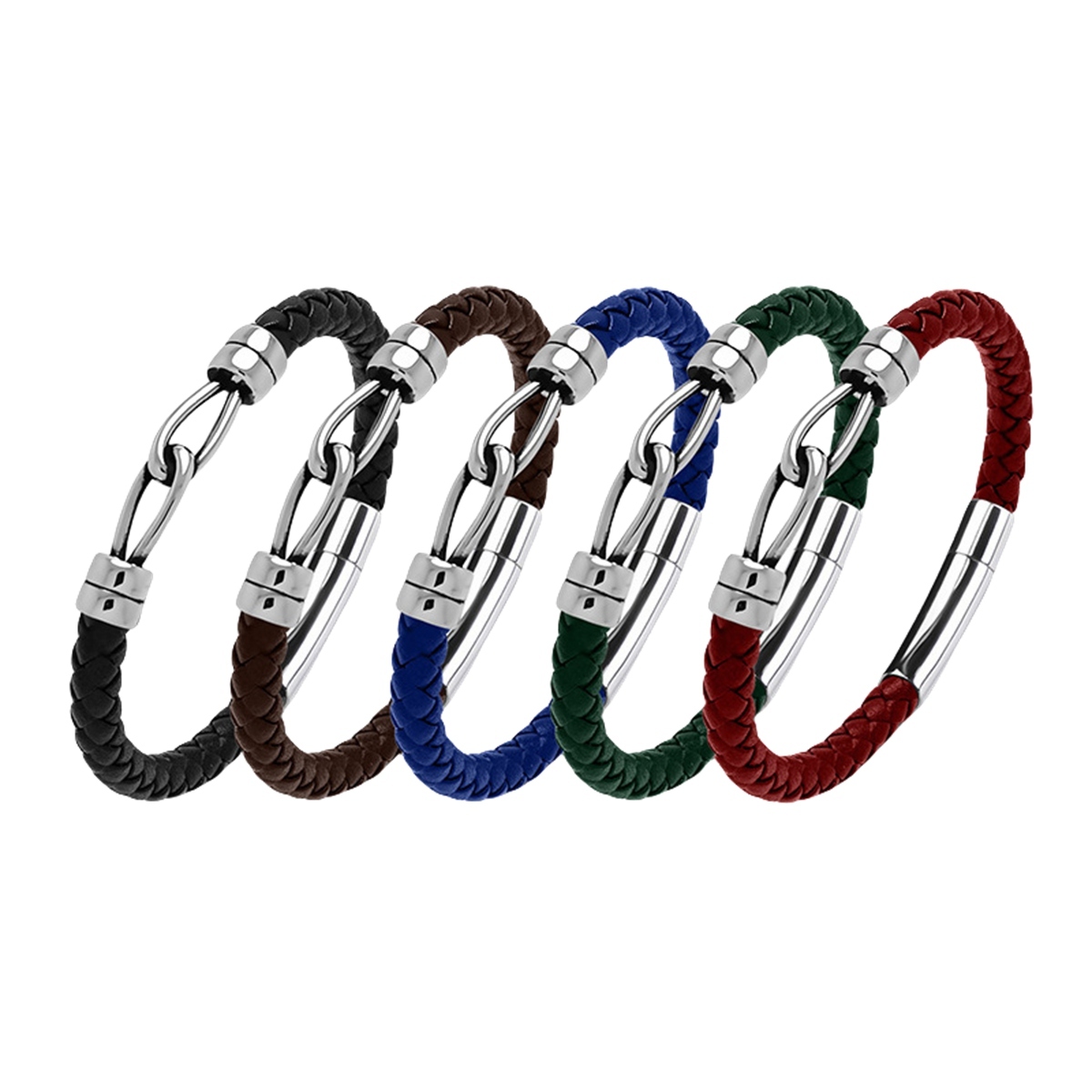 Men's Braided Leather Bracelet Silver Double Clasp Stainless Steel Clasp Wristband Cuff Rope Bangle for Men Gifts