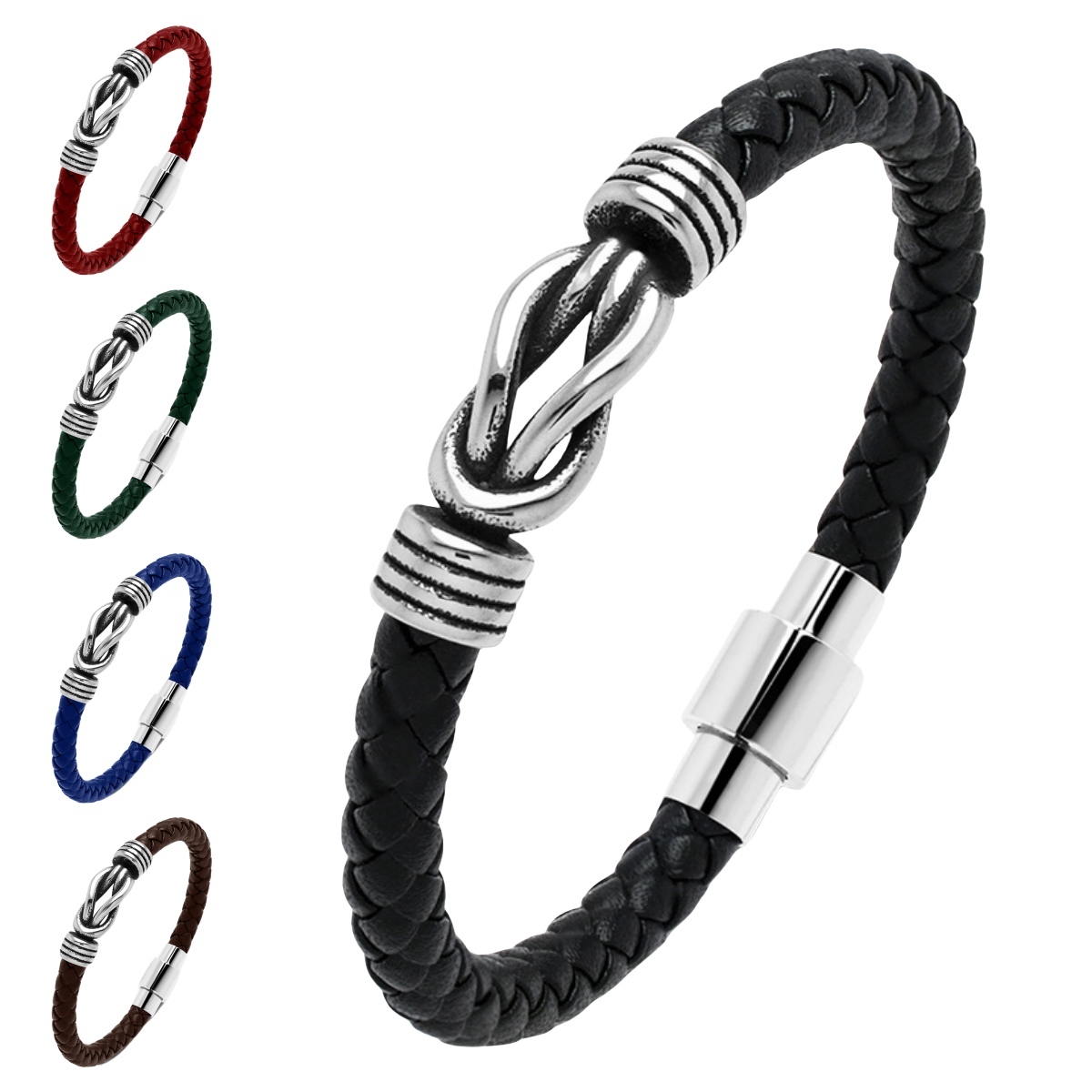 Men's Braided Leather Bracelet Silver 8-Shape Stainless Steel Clasp Wristband Cuff Rope Bangle for Men Gifts